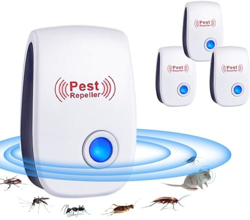Repelente Ultrasónico de Plagas, 4 Pack Repelente de ultrasonidos para Ratones, Electrónico Repelente Mosquitos para Anti Ratones, Moscas, Roedores, Insectos, Arañas