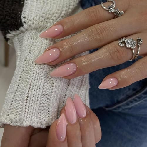 24Pcs Almond False Nails - French Tip False Nails - Medium Pink Stick on Nails with Glue - French Style Almond Press on Nails - Full Cover Acrylic Square False Nail Tips for Women Girls Nail Art