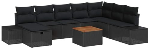 vidaXL 9-teiliges Garten-Sofa-Set mit Kissen in Schwarz aus Poly-Rattan | UV-beständig, bequem, modulares Gartenmöbel für gesellige Runden im Sitzbereich, auf der Terrasse oder im Patio.