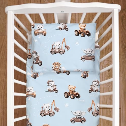 4-teiliges Bettwäsche-Set für Babybett, Bettdeckenbezug, Kissenbezug, 80 x 70 cm, für Kinderbett, Kinderbett oder Reisebett (Tiere im Transport)