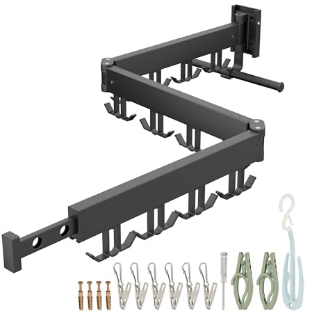Relaxdays Wall-Mounted Clothes Airer, Foldable & Rotatable, HWD: 12 x 127 x 26 cm, Space-Saving Laundry Rack, Black