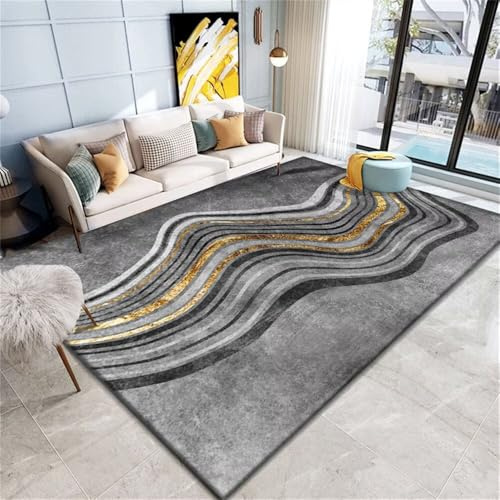 RUGMRZ Descente De Lit Tapis Gaming Bureau Entree Exterieur 60x110CM Chambre Double Gris Sol à Rayures dorées Coussin Enfant