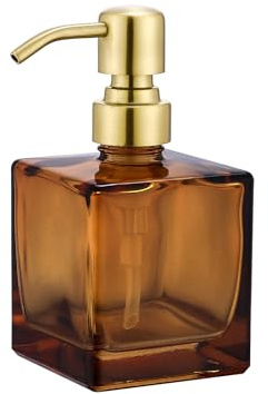 Ximlike Square Bathroom Soap Dispenser Amber Bottle with Brushed Gold Pump, Retangle Cube 8.4 oz Glass Bottles with Stainless Steel Pump Hand Liquid Soap Dispenser Kitchen
