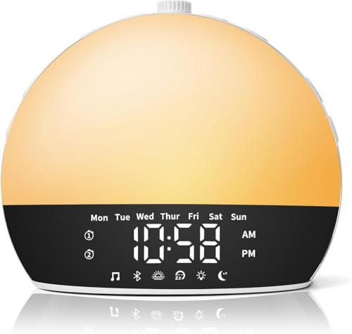 Risop Wecker mit Sonnenaufgangsfunktion und Schlafgeräuschmaschine, Wecklicht mit Sonnenuntergangssimulation für Tiefschläfer, Erwachsene, Kinder, 25 beruhigende Geräusche zum Einschlafen