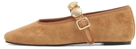 DOEYG Studded Mary Janes Ballet Flats Shoes for Women Square Toe Mary Jane Shoes Dressy Casual Ballerina Shoes with Buckle Strap, A-suede Tan, 5.5 UK