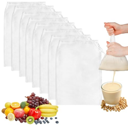 EOPUOZS 8 Bolsas Reutilizables para Leche de Frutos Secos, Colador de Nailon Fino con Cordón, Bolsas Lavables para Leche de Almendras, Yogur, Zumo, Queso y Café