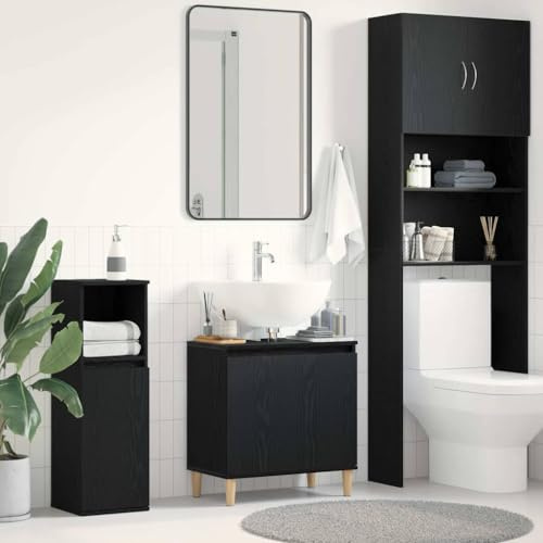 Hoopleep Spülenschrank mit Regal Schwarz Eichen-Optik 58 x 33 x 60 cm, Moderner Badezimmerschrank mit Matt-Finish, Langlebiger Holzwerkstoff Vanity Cabinet für kleine Bäder, 2 Türen