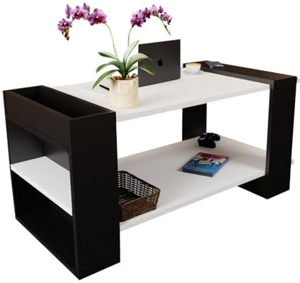 Meble Pitus Couchtisch ST16 moderner Wohnzimmertisch Schwarz Weiß Beistelltisch Couch mit Stauraum und Ablage Couchtisch mit Fach, robuster Sofa Tisch mit Regal, Design, Tisch Wohnzimmer 105x54x50 cm