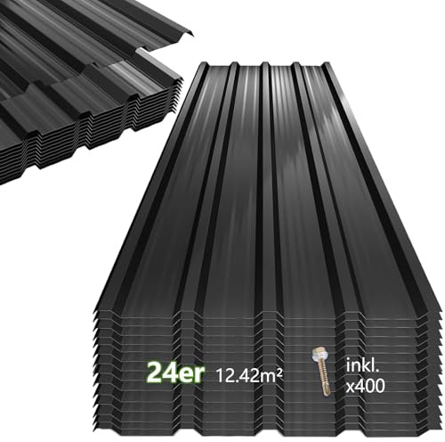 Sorlpv® 24er Set Profilblech Trapezblech, 115x45 cm (12,42 m²) Verzinkt Metall Dachplatten Wellblechplatten mit 400 Schraube, Schwarz 0,25mm Dachblech Wetterfest für Carport, Dach, Garag, Gerätehaus