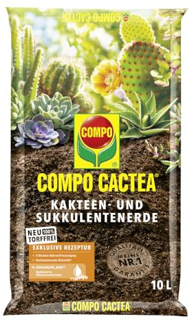 Compo CACTEA® Kakteen- und Sukkulentenerde torffrei, 10 L – Spezialerde für Kakteen & Sukkulenten – lockere Struktur für gesunde Wurzeln – optimale Wasserführung – hochwertige Pflanzerde