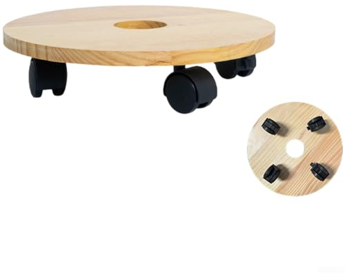 Organizador de madera para plantas con ruedas, soporte móvil redondo cuadrado para macetas, base de madera de pino maciza con ruedas de bloqueo para macetas pesadas, bandeja de jardín impermeable (14
