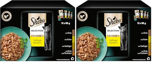 Sheba Selection in Sauce Katzennahrung – Katzenfutter in 48 Portionsbeuteln – Geflügel Variation in Sauce für ausgewachsene Katzen – 8er Pack (4 x 12 Portionsbeutel à 85g)