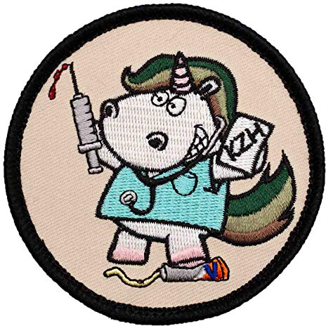 Café Viereck ® Bundeswehr Sanitäter Einhorn mit Spritze Fun Patch Gestickt mit Klett - 8 cm