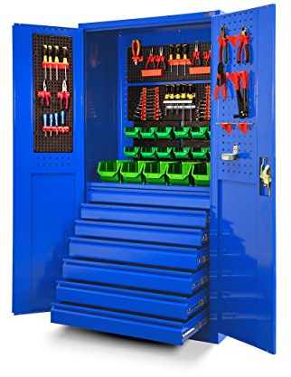 Jan Nowak Werkzeugschrank TC007 Werkstattschrank Garagenschrank 7 Schubladen Perforierte Rückwand Flügeltüren Pulverbeschichtet Metall 185 cm x 92 cm x 50 cm (Blau)