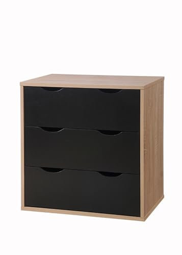 Timber Art Design UK Alton 3 Drawer Chest of Drawers with Metal Drawer Runners Oak & Black Modern Bedroom Furniture Storage Organiser Unit for Bedroom Hallway Living Room Bedside Cabinet