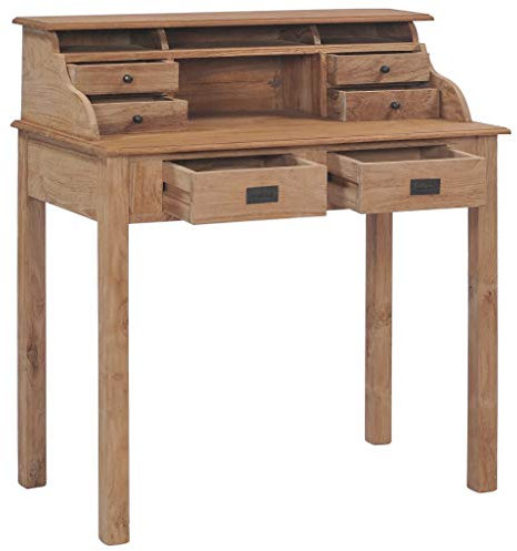 Tidyard Schreibtisch 90×50×100 cm Massivholz Teak mit 6 Schubladen Fächern Computertisch PC Tisch Sekretär Bürotisch Arbeitstisch