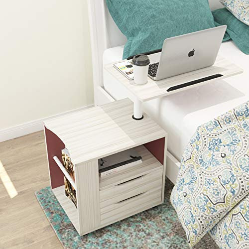 SDHYL Drehbarer Nachttisch mit Rädern – 360° Schwenkplatte, 2 Schubladen & offene Ablage – Verstellbare Höhen-Bettsideboard (Ahorn)