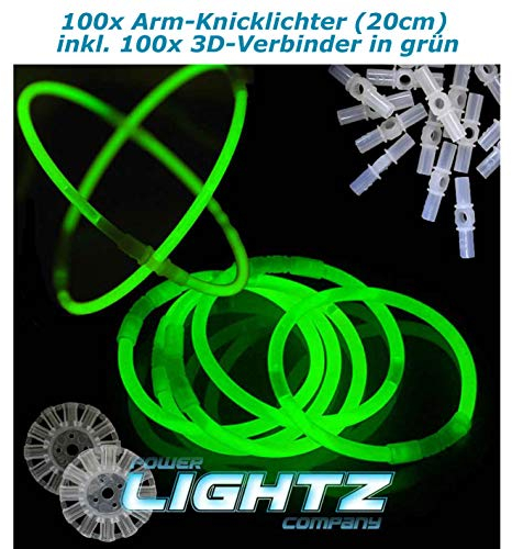 Power Lightz 100 Stück 20cm Knicklichter/Armbänder inkl. 100 x 3D-Verbinder, 2 x Ball- und Flexverbinder in Grün für Party, Disco, Festival oder Fasching?