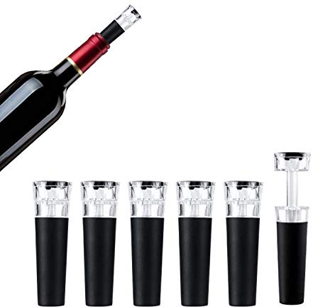 JCKD 6 piezas Tapón de vino al vacío,tapón de silicona para botellas con bomba de vacío,sello reutilizable a prueba de fugas,apto para Vino,champán y vino espumoso,mantiene la botella fresca (negro)
