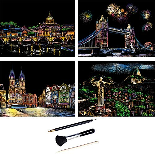 ShipeeKin 4X Kratzbilder, 290x210 MM Sehenswürdigkeiten Wandbild, Beschichtete Bunte Kratzpapier mit Werkzeug Set (Beauty City)