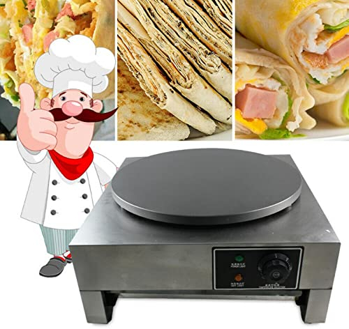 Crepiera rotonda elettrica commerciale, 3 kW, multiuso per crepes omelette e panini piatti, temperatura regolabile 50-300 °C.