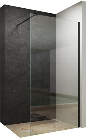 AQUABATOS 110x200cm Walk In Dusche schwarz matt 10mm Klarglas mit Nano Beschichtung Duschwand Glas Duschabtrennung Duschtrennwand Glastrennwand Glaswand für Duschwanne mit 90° Stabilisator