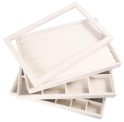 Coward Stackable Jewelry Trays Organizer Set with Clear Lid, Trays for Drawer, Earring Necklace Bracelet Ring Display Organizer(beige(ring+12girds+30girds+The glass lid))