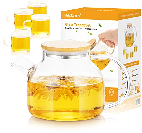 AdelDream Glas Teekanne mit Infuser, Teekanne Glas Teekessel mit Herd safe, blühende und lose Blatt Tee-Maker-Set (1L + 4(125ML))