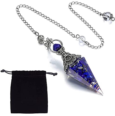 SUNNYCLUE Lapislazuli Pendel Heilungskristall Wünschelrutenpendel Halskette Mit Karabinerverschlüssen Samtstofftaschen Für Reiki Heilung Ausgleichende Spirituelle Edelstein Punkt Pendel Halskette
