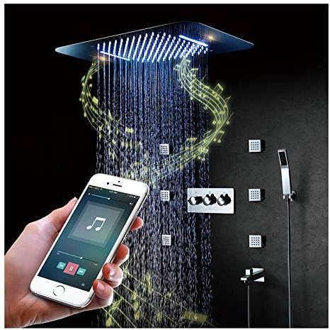 ESOP Sistema Doccia 64 Colori RGB LED Musica Colonna Doccia Montaggio a Soffitto Set Doccia con 580 * 380mm Soffione Doccia a Pioggia, Doccetta, 50 * 50 m