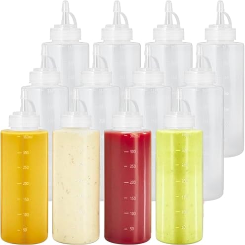 AKOLAFE 12PCS 12oz Squeeze Bottle with Nozzle Plastic Sauce Bottle Squeezy Condiment Bottle Squirt Sauce Bottle with Caps Tomato Ketchup Bottle Plastic Oil Squeeze Bottle for Oil, Condiment