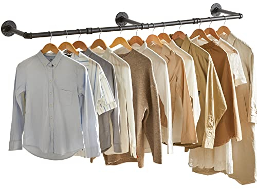 IBUYKE Tringle à Vêtement Mural 178cm, Métal Portant à Vêtements Murale Industriel, Amovible Barre de Penderie Murale pour Suspendre des Vêtements pour Salon, Chambre, Triple Bases, Noir TYJ003H