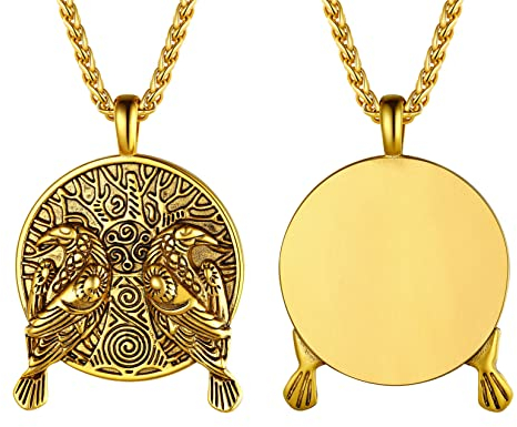 U7 Collier Corbeaux Odin Homme Plaqué Or Pendentif Médaillon Rond avec Symbole Arbre de Vie Viking