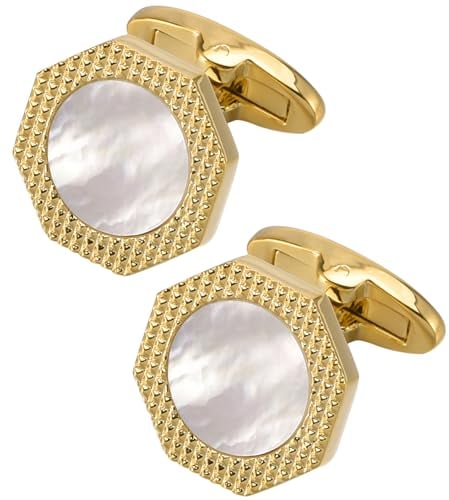 Jonwo Achteck Perlmutt Manschettenknöpfe für Herren In Geschenkbox Silber Vergoldet Manschettenknöpfe Men Cufflinks Hochzeit Hemd Party Geburtstag Jubiläum Kleid (Vergoldete Cufflinks)