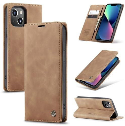 König Design Handyhülle für Apple iPhone 14 Plus Hülle Premium Kunst-Leder Klappbar Flip Case Magnet Kartenfach Standfunktion Tasche Schutzhülle für Apple iPhone 14 Plus (Braun)