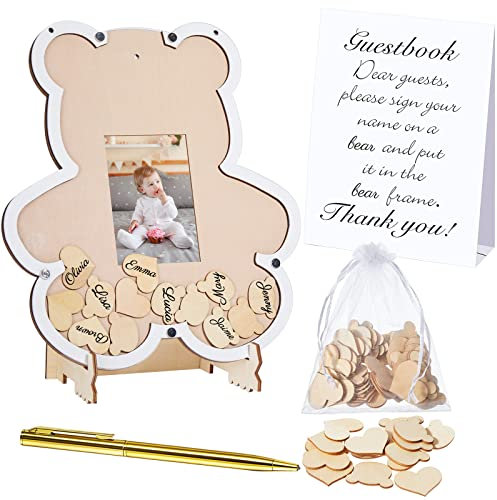 Yookeer We Can Bearly Wait Baby Shower Guest Book Alternatives with Photo Frame Reception Table Centerpiece for 60 Guests Baby Shower Sign Picture Frame Pregnancy Keepsake Edition for Soon to Be Moms