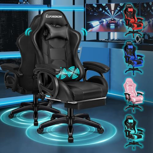 ELFORDSON Gaming Chair with 2-point Massage Lumbar Cushion, High Back PC Computer Game Chair, 150° Reclining Office Chair with Headrest & Footrest, 360° Swivel, Home Esports, PU Leather, Black