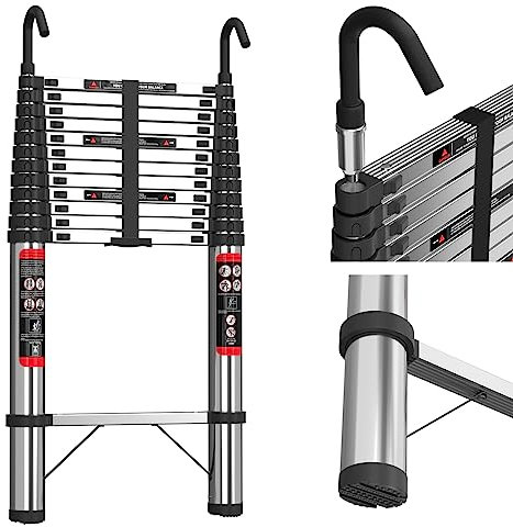 Teleskopleiter, 5 m, Edelstahl, ausziehbar, mit abnehmbarem Haken, für Aktivitäten im Innen- und Außenbereich, 150 kg Kapazität, EN131