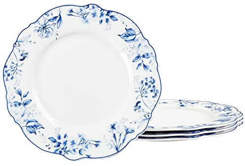 fanquare Juego de 4 Platos Tartas, Platos Postre de Porcelana Patrón de Flores Azules, Platos Llanos Ø 21 cm Platos Pasta Juego de Platos para Ensalada Apto para Lavavajillas