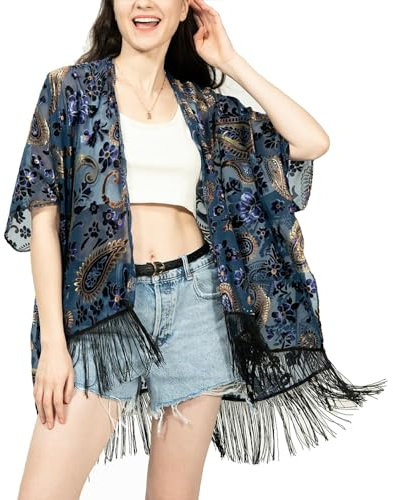 USHOWHEY Velvet Kimono Cardigan for Women, Short Burnout Velvet Kimono Cover Up,1 Size Fit All, No.5, One Size
