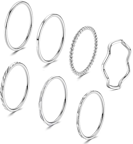 JeweBella 7 Stück Silber Ringe für Damen - Edelstahl 1MM Plain Dünn Midi Fingerring Minimalistisch Daumenringe Set Stapelbarer Knuckle Einfaches Twist für Frauen