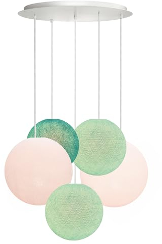 CREATIVECOTTON Dreistrahlige höhenverstellbare LED Hängelampe mit handgearbeiteten Kugeln aus Baumwolle (Aqua - 5-flammig)