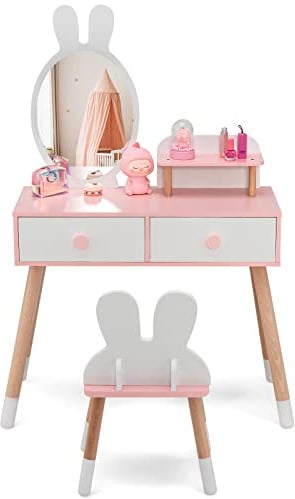 COSTWAY Toeletta Trucco 2 in 1 per Bambina a Forma di Coniglio, Bianco | Specchiera Staccabile per Ragazza in Legno con Sgabello, Ripiano e 2 Cassetti, Postazione Trucco, 78 x 37 x 110cm
