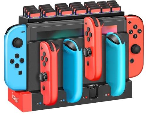 TNP Joy Con Controller dock di ricarica per Nintendo Switch con 28 carte di gioco, 4 stazione di ricarica Joycon, controller interruttori rossi e neri, caricabatterie e supporto organizer