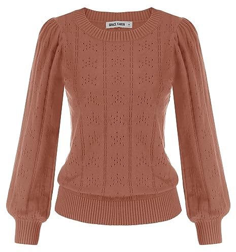 GRACE KARIN Maglia Elegante Donna a Manica Lunga con Scollo a Rotondo Tinta Unita