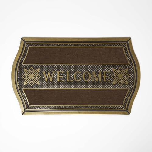 HOMESCAPES Gold 'Welcome' Rubber Door Mat Curved Edge Doormat Non-Slip Waterproof Indoor & Outdoor Mat, 75 x 45 cm