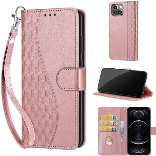 KENHONER Phone Case for iPhone 13 / iPhone 14 Case, with Card Slots Kickstand Premium Leather Shockproof Protective Wallte Cover compatible iPhone 13 / iPhone 14 Cube-Rose Gold