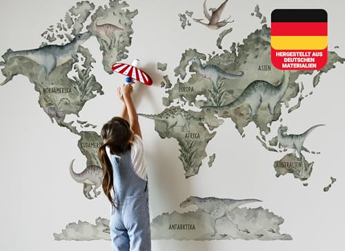 Osomhome Dino Wandtattoo Weltkarte Dinosaurier (100x140cm) | World Map Wall Decoration Wandsticker | Dino Deco Kinderzimmer Junge & Mädchen | Wandaufkleber Wandbild Kinderbilder os5094