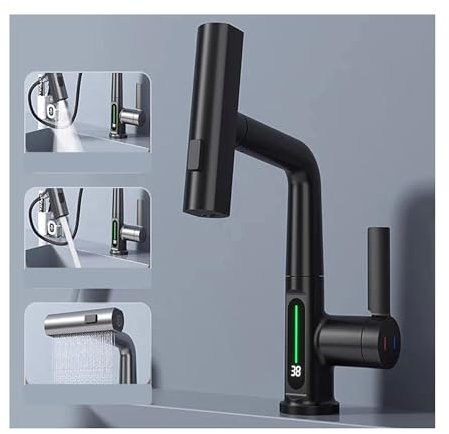 JIARY Rabattable Robinet De Cuisine en Cascade,Intelligent À Affichage Numérique Mitigeur Cuisine,Robinet De Cuisine Pivotant À 360°,Noir