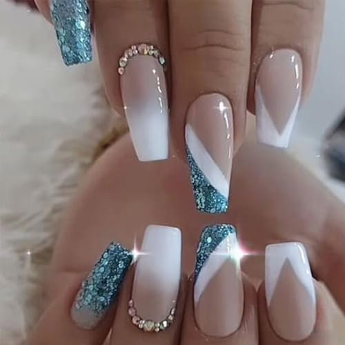Danshinbow 24pcs Square moyen long Glitter clou dégradé paillettes faux ongles feuille d'or faux ongles (Bleu)